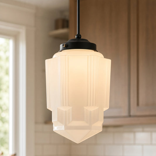 Vintage Art Deco Geometric Milk Glass Pendant Light