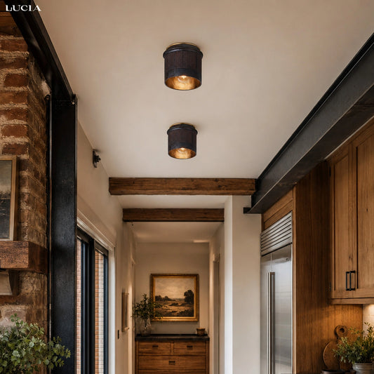 Vintage Rustic Black Metal Industrial Flush Mount Ceiling Light