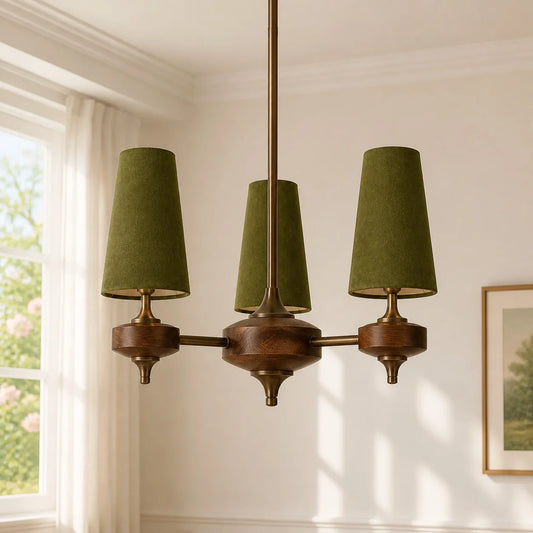 Virelia Mid-Century Walnut Fabric Shade Chandelier
