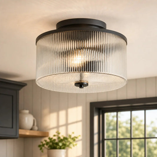 Vireo Farmhouse Drum-Shaped Ribbed Glass Ceiling Light