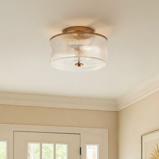 Vireo Farmhouse Drum-Shaped Ribbed Glass Ceiling Light