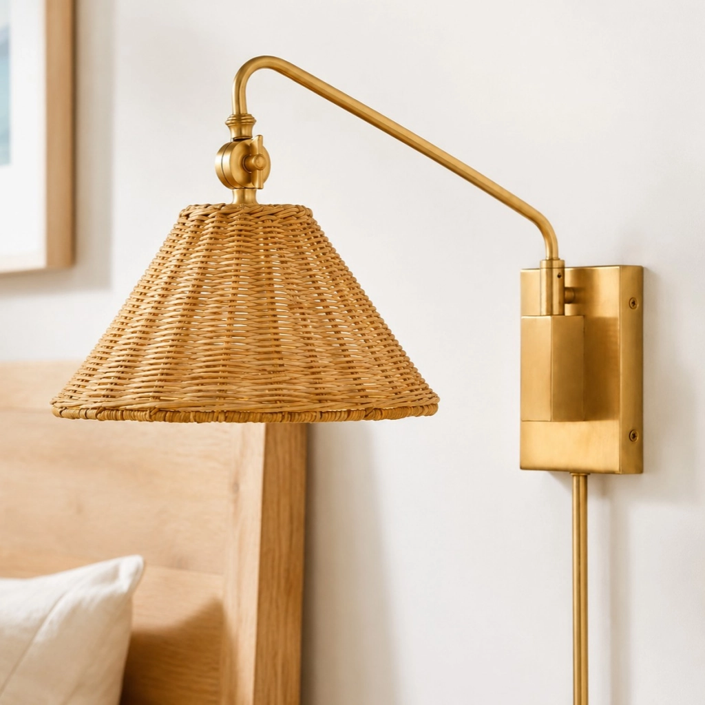 Vojtech Rustic Rattan Swing Arm Wall Sconce | LuciaLiving – Lucia