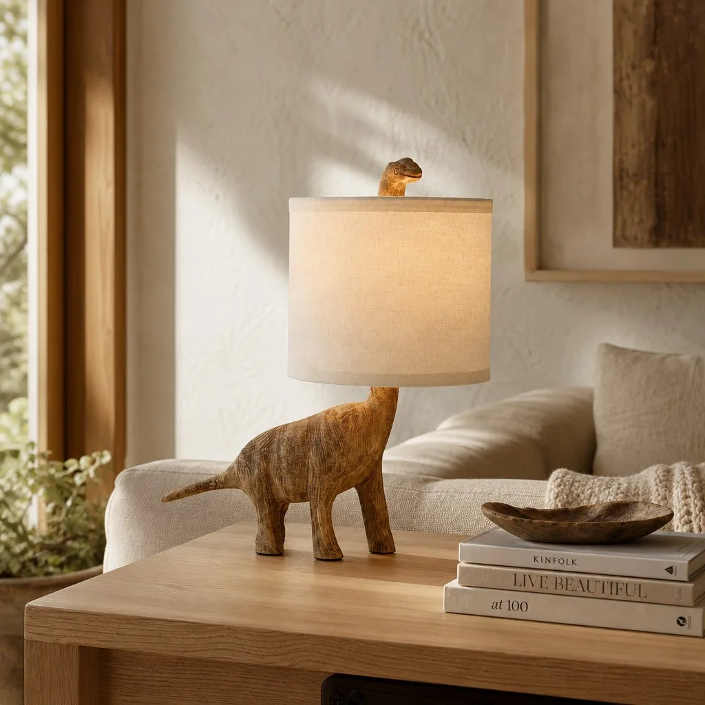 ライト・ランタン noras Shoefity lamp shade Modern Linen Shade Dinosaur Carved Wood Table Light | LuciaLiving