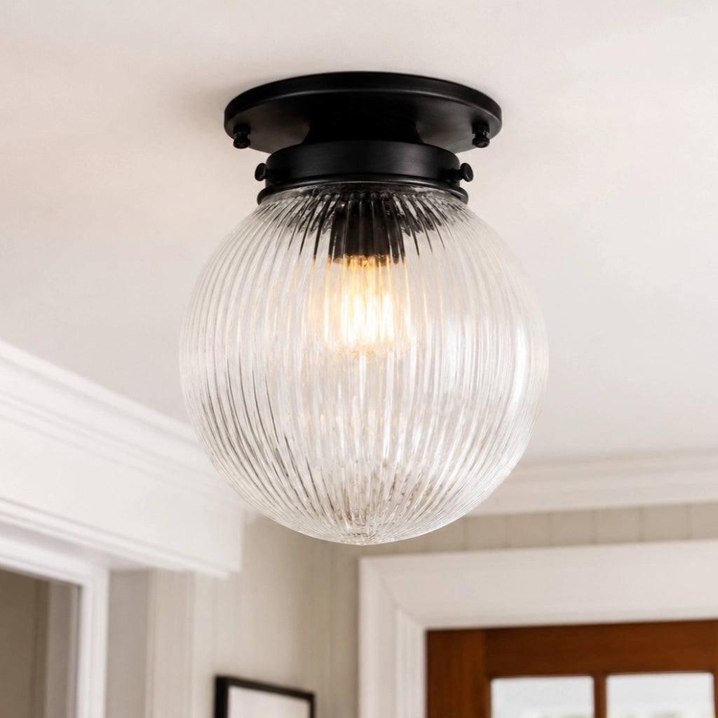 Zylah Vintage Globe Ribbed Glass Flush Mount Ceiling Light