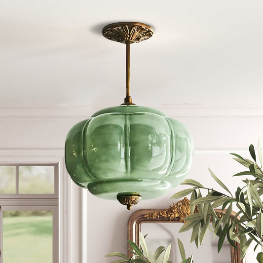 Lumi Antique Brass Green Glass Pumpkin Semi-Flush Mount Eloise Pendant