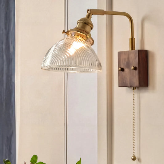 Marlowe Walnut Glass Pull-Chain Wall Sconce