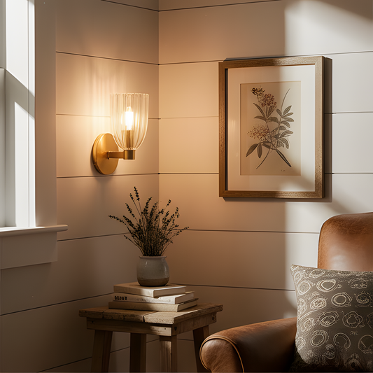 Calista Modern Ribbed Glass Brass Wall Sconce