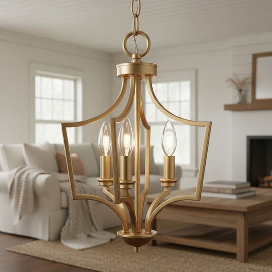 Mid-century Farmhouse Gold 3-Light Lantern Chandelier for Kitchen Island