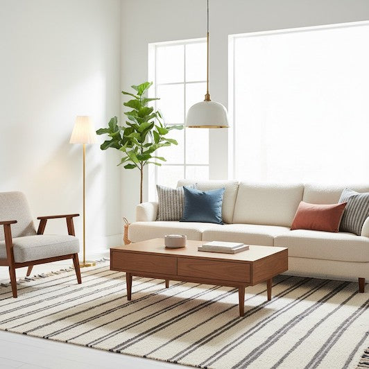 Modern living room with layered lighting and Scandinavian furniture.