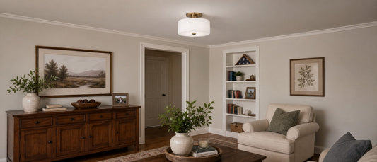 Timeless modern drum semi flush ceiling light made of frosted glass or white porcelain.