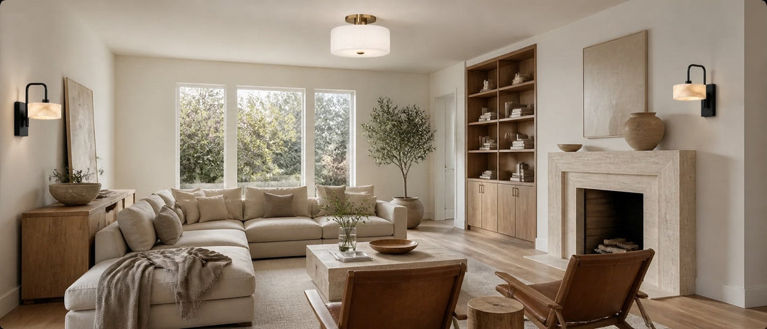 Living room combining stone, wood, linen, glass, and metal with coordinated ceiling and wall lighting and one clear dominant material.
