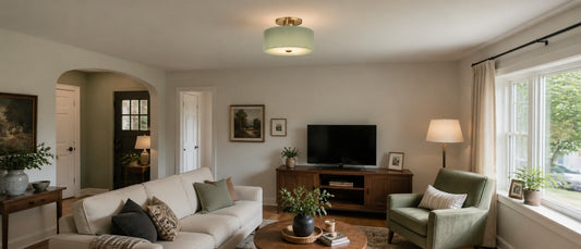 Minimalist low clearance ceiling light with integrated LED illumination in a contemporary  living room.