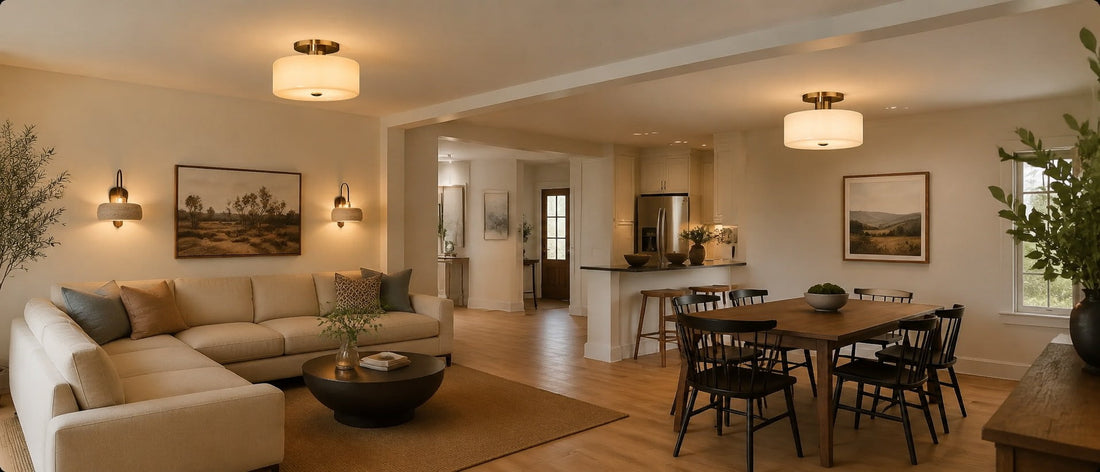 Open-concept living and dining room with coordinated ceiling lights, discreet wall sconces, and distinct warm-lit zones.