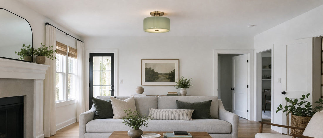 Perfectly scaled modern semi flush drum ceiling light in a contemporary living room.