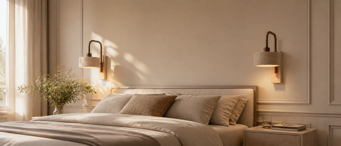 Bedroom with paired wall lights freeing both nightstands while a table lamp is absent from the bedside surfaces.