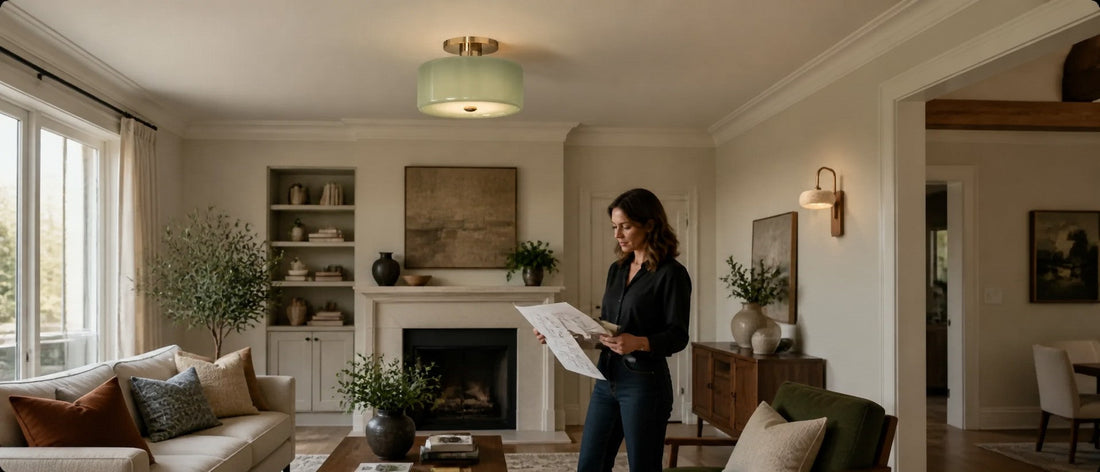 Interior designer reviewing ceiling height, furniture layout, material samples, and a modern ceiling light with a subtle supporting wall light.