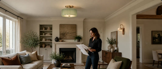 Interior designer reviewing ceiling height, furniture layout, material samples, and a modern ceiling light with a subtle supporting wall light.