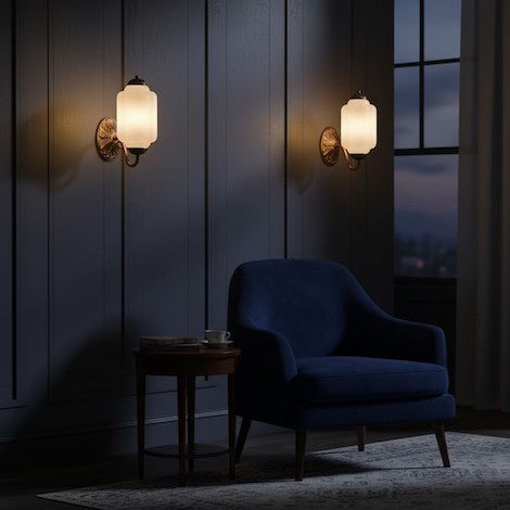 Ambient mood lighting created by a pair of milk glass and brass wall sconces in a dark, cozy living room.