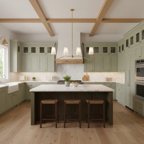 A beautifully illuminated modern farmhouse kitchen showing perfectly layered lighting design. 尺寸：532*532