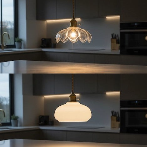 Side-by-side comparison of light effects from clear and opaque glass pendant lights.
