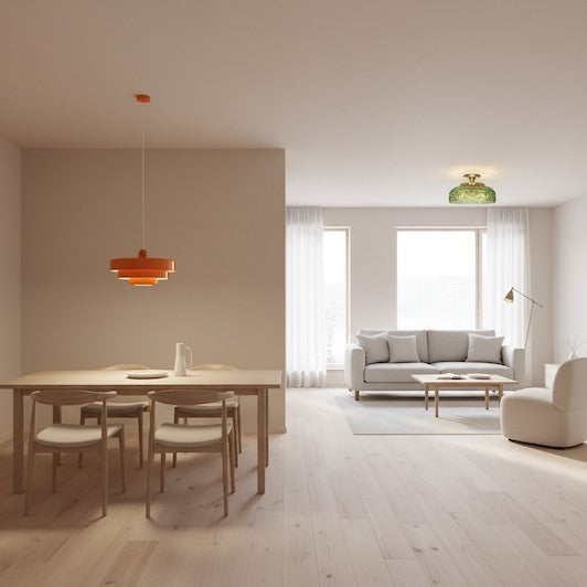 A professionally designed Scandinavian living space demonstrating layered ambient and accent lighting.