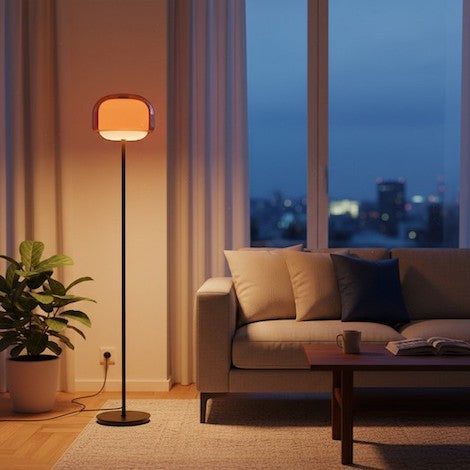 A Sanae glass floor lamp creating a warm amber atmosphere in a modern living room at dusk.
