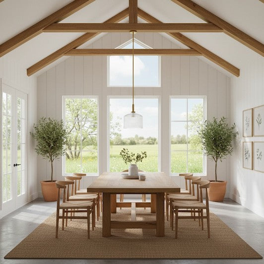 Modern farmhouse dining room featuring a perfectly scaled glass pendant light over a wooden table.