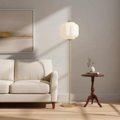 Lumi Vintage Opal Textured Glass Eloise Floor Light in a modern living room setting.