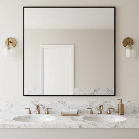A luxury master bathroom vanity with two ribbed glass sconces on either side of a large mirror.