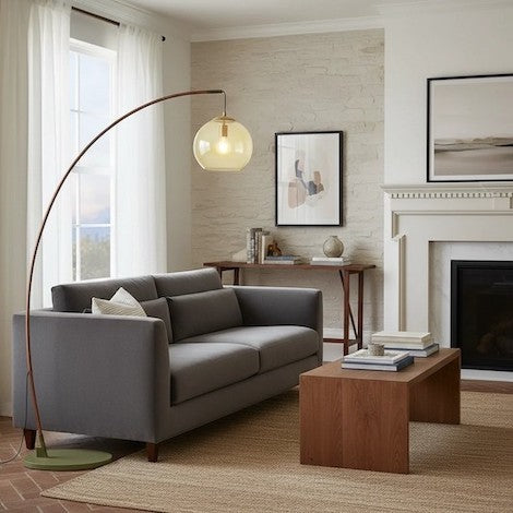 A modern arched floor lamp with an amber glass shade illuminating a cozy living room.