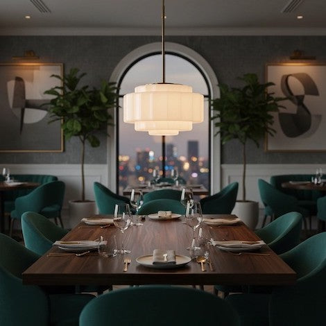 Antique Brass Tiered Opal White Glass Pendant Light in a luxury dining room setting.