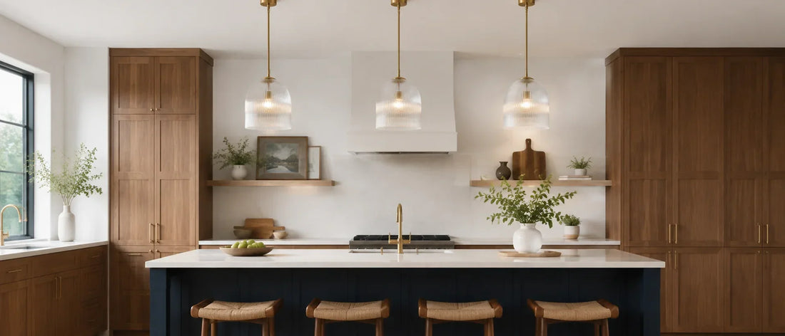 Three ribbed glass pendant lights evenly spaced above a warm American kitchen island