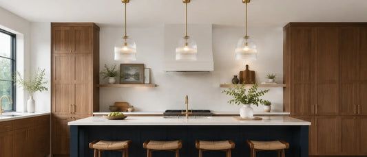 Three ribbed glass pendant lights evenly spaced above a warm American kitchen island