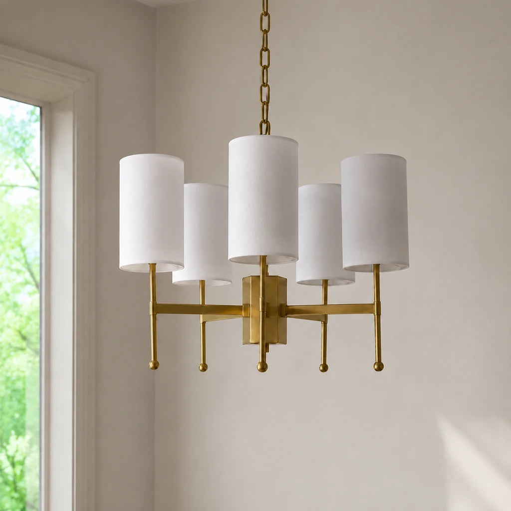 Close installed view of the 5-light Aster brass fabric shade chandelier