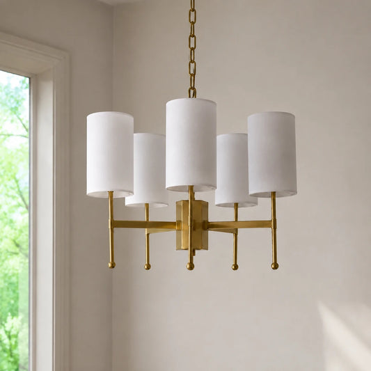 Close installed view of the 5-light Aster brass fabric shade chandelier