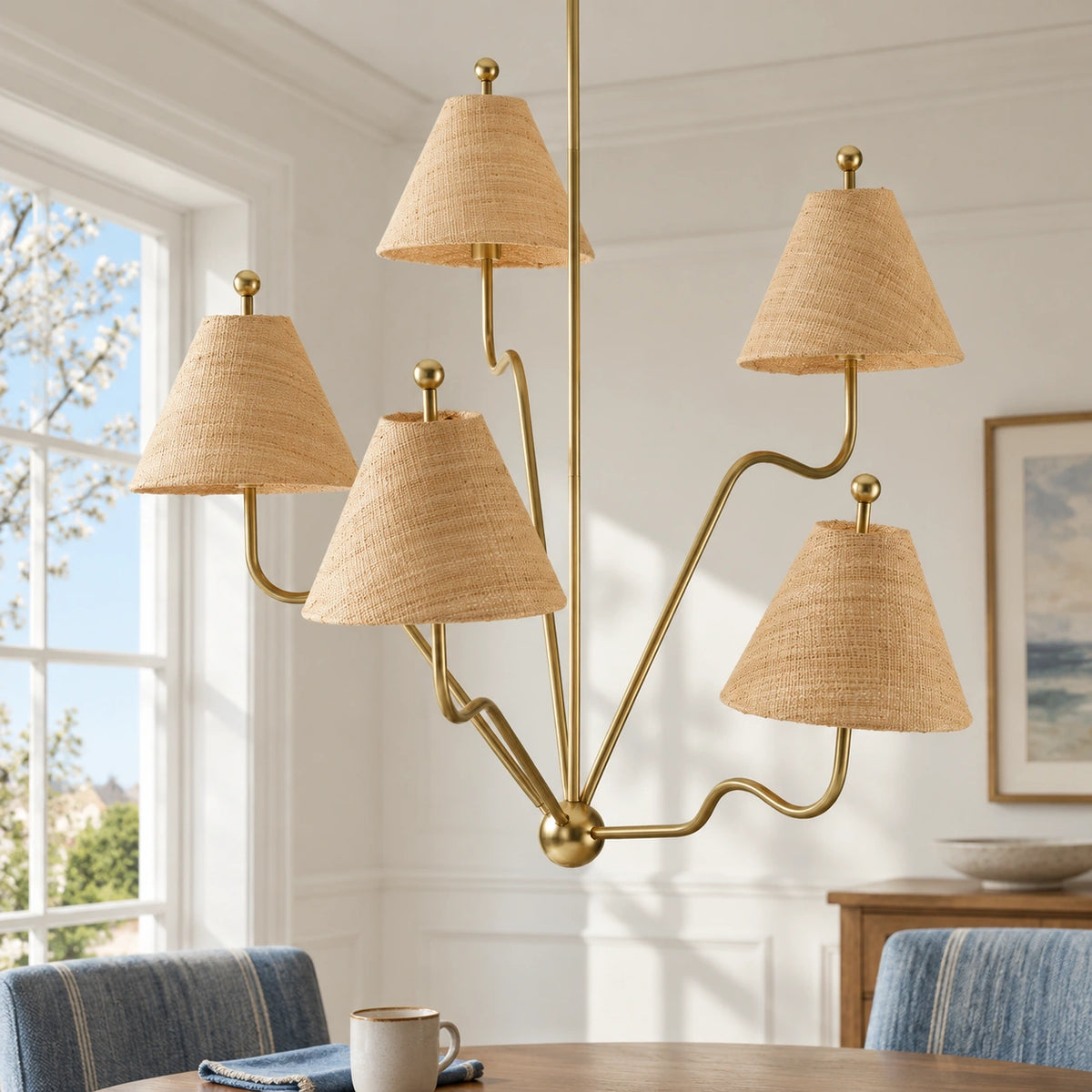 Isolde brass five arm chandelier in a sunlit dining room