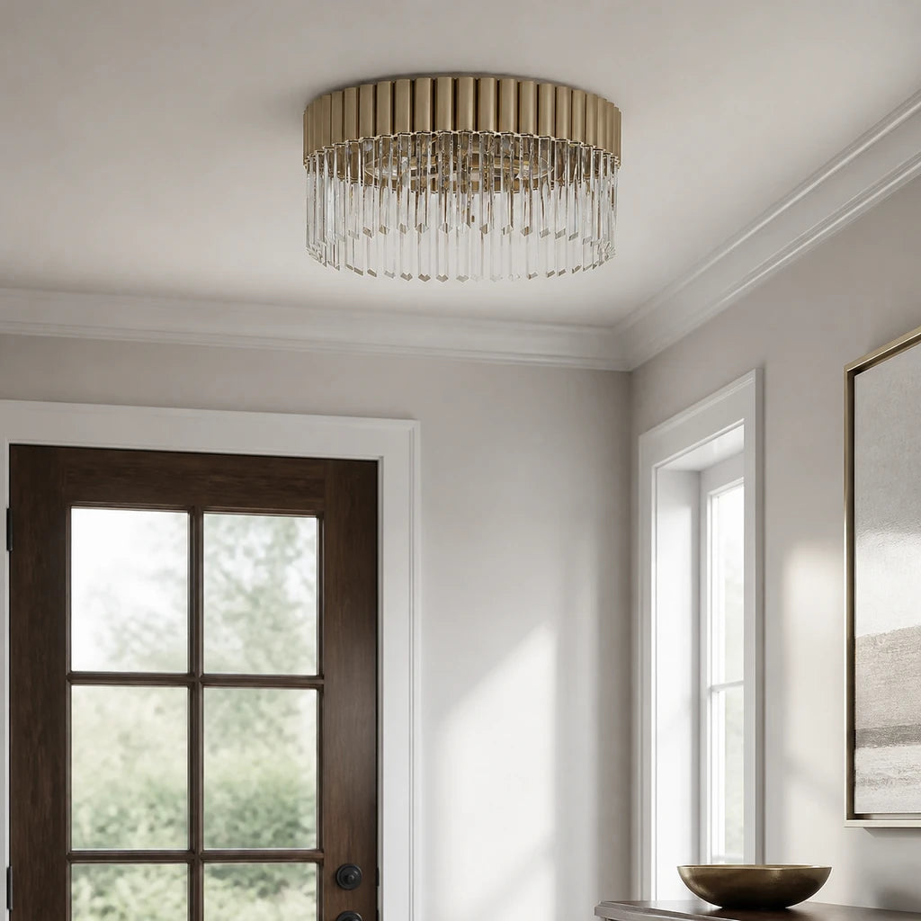 Soline Polished Champagne crystal flush mount light in a bright refined entryway