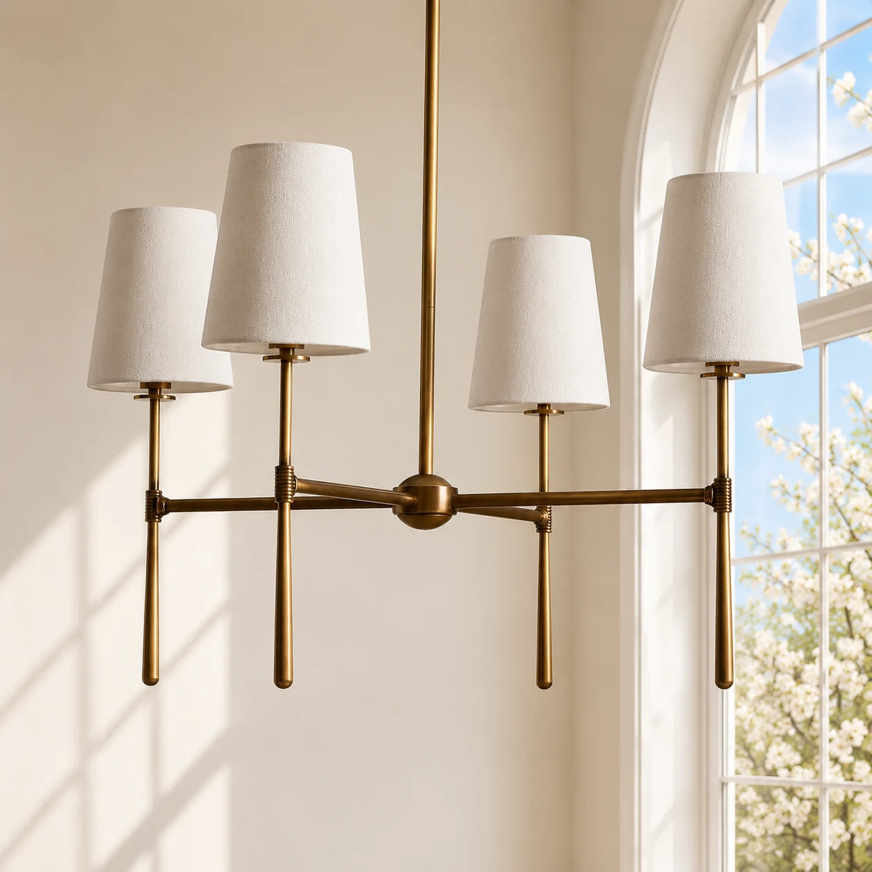 Antique brass four-light chandelier against a sunlit cream wall