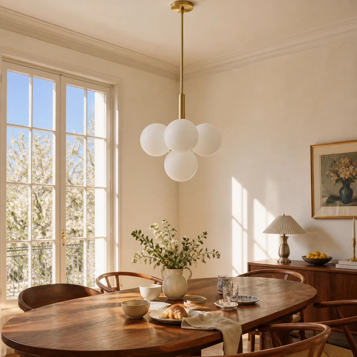 Elara compact white glass globe chandelier in a sunny walnut dining room