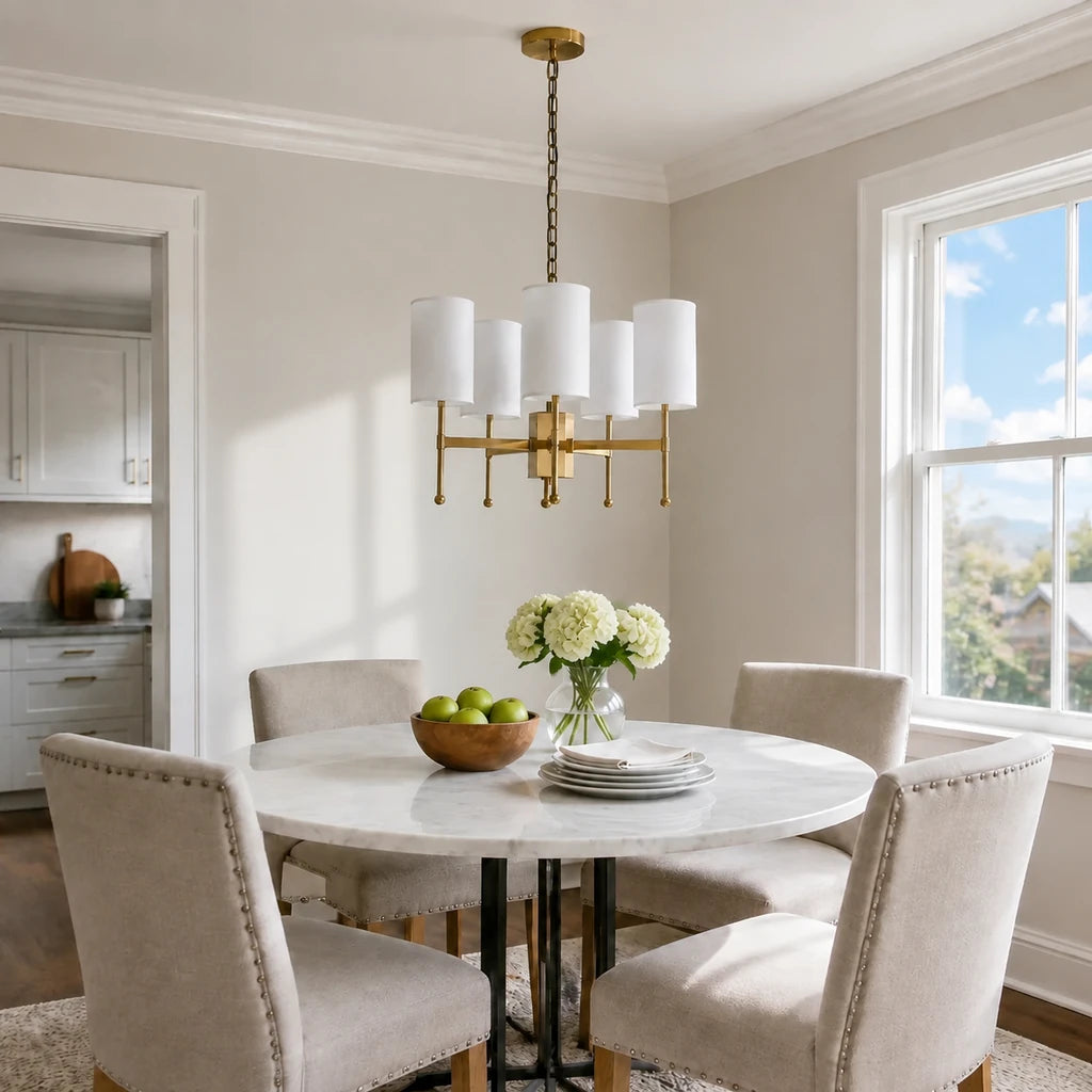 5-light Aster brass fabric shade chandelier in a bright American breakfast room