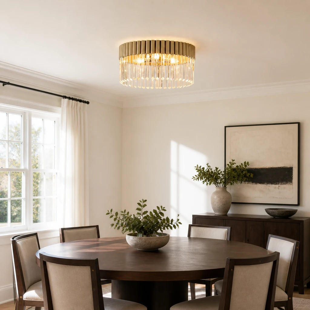 Soline Polished Champagne crystal ceiling light switched on at true scale above a dining table