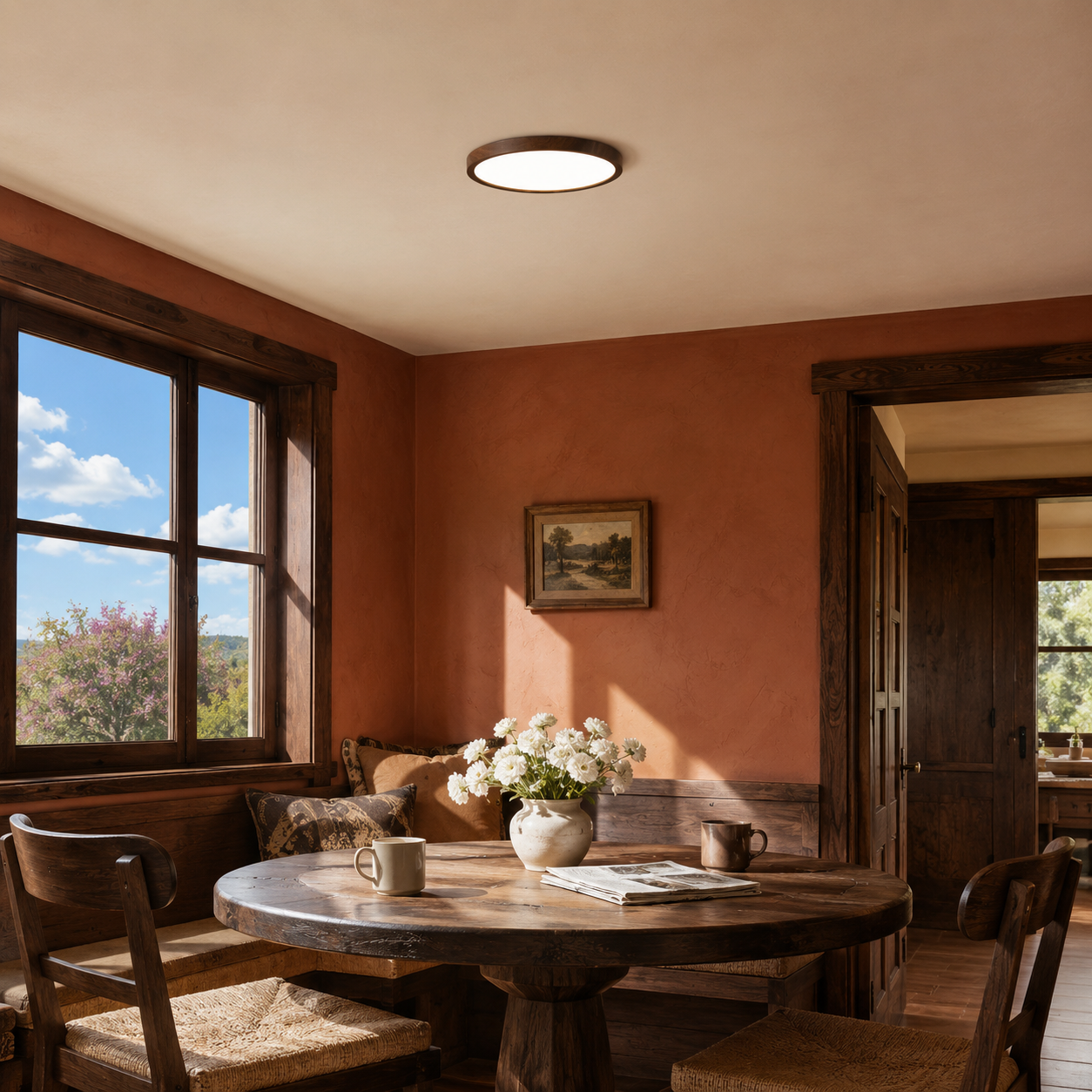Walnut 11.8-inch Solenne ceiling light above a warm terracotta breakfast nook