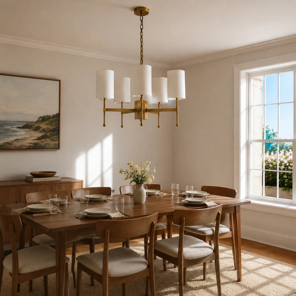 5-light Aster brass fabric shade chandelier above a compact six-seat sunlit dining table