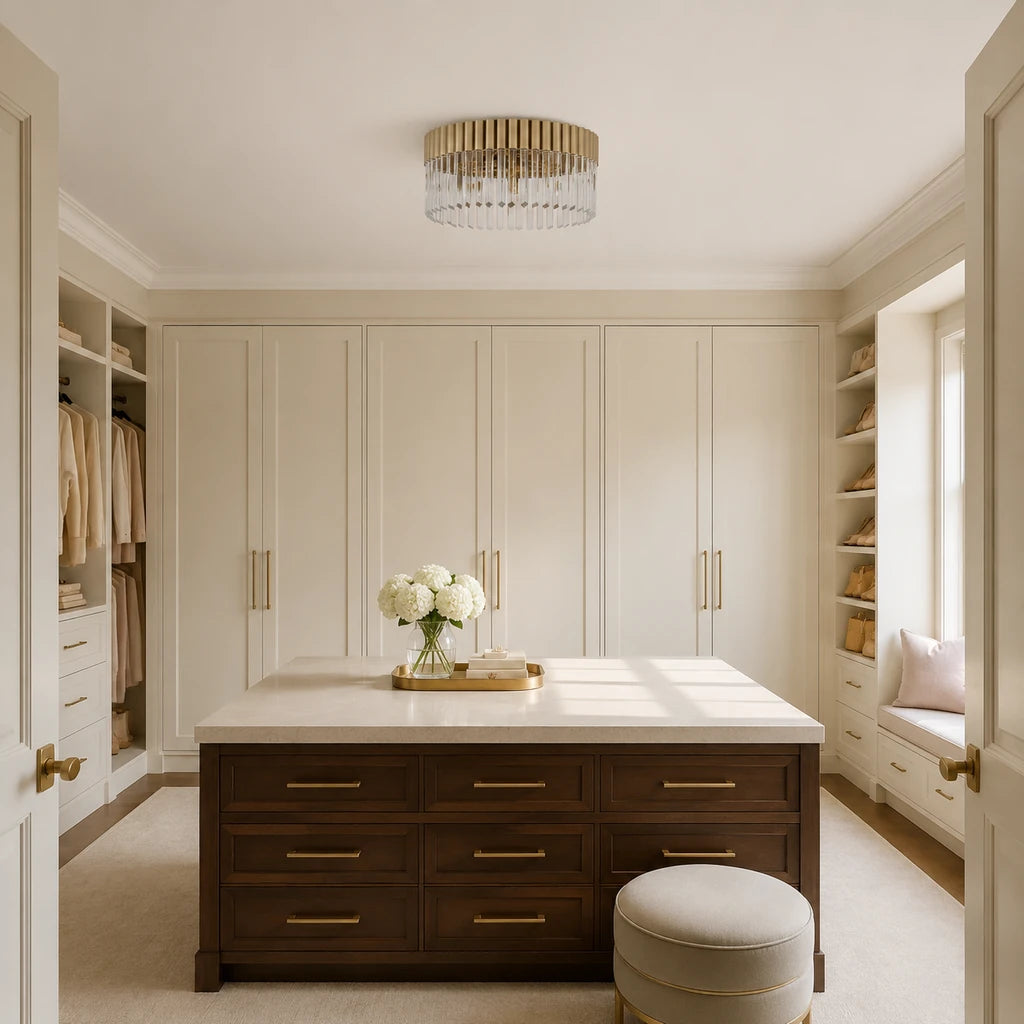 Soline Polished Champagne flush mount at true scale above a dressing island