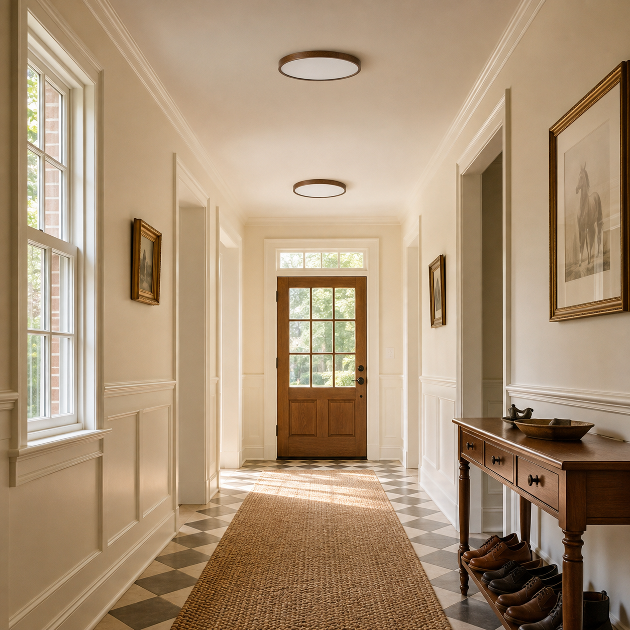 Two Walnut 11.8-inch Solenne ceiling lights along a bright entry hall