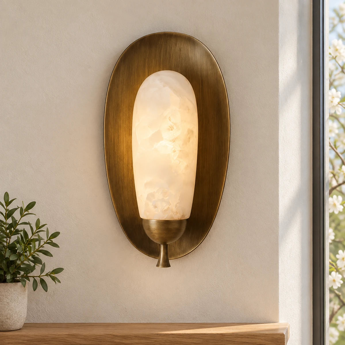 Veined alabaster antique brass wall sconce on bright landing