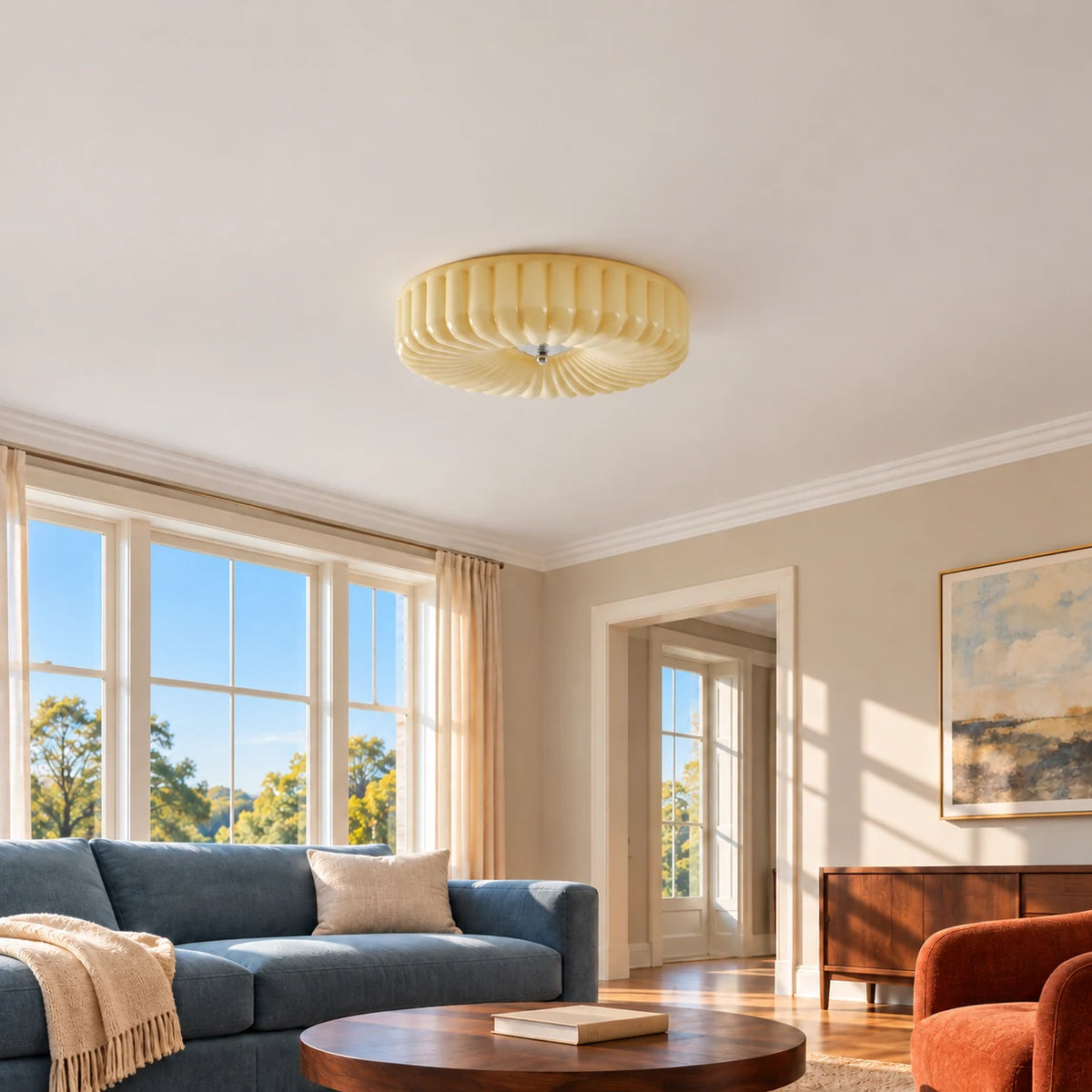 Maelis beige ribbed glass flush mount in a colorful lived-in living room