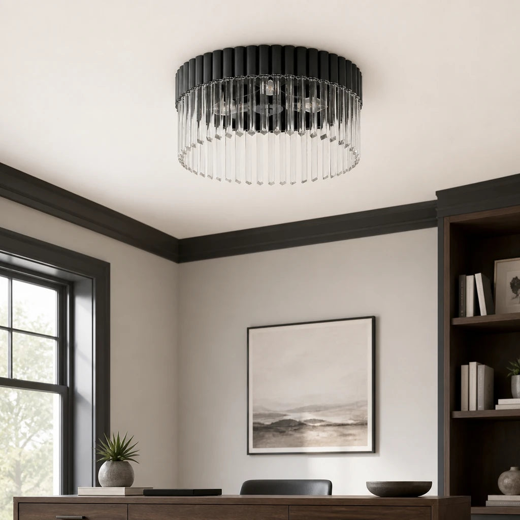 Soline Black Chrome crystal flush mount light in a modern study