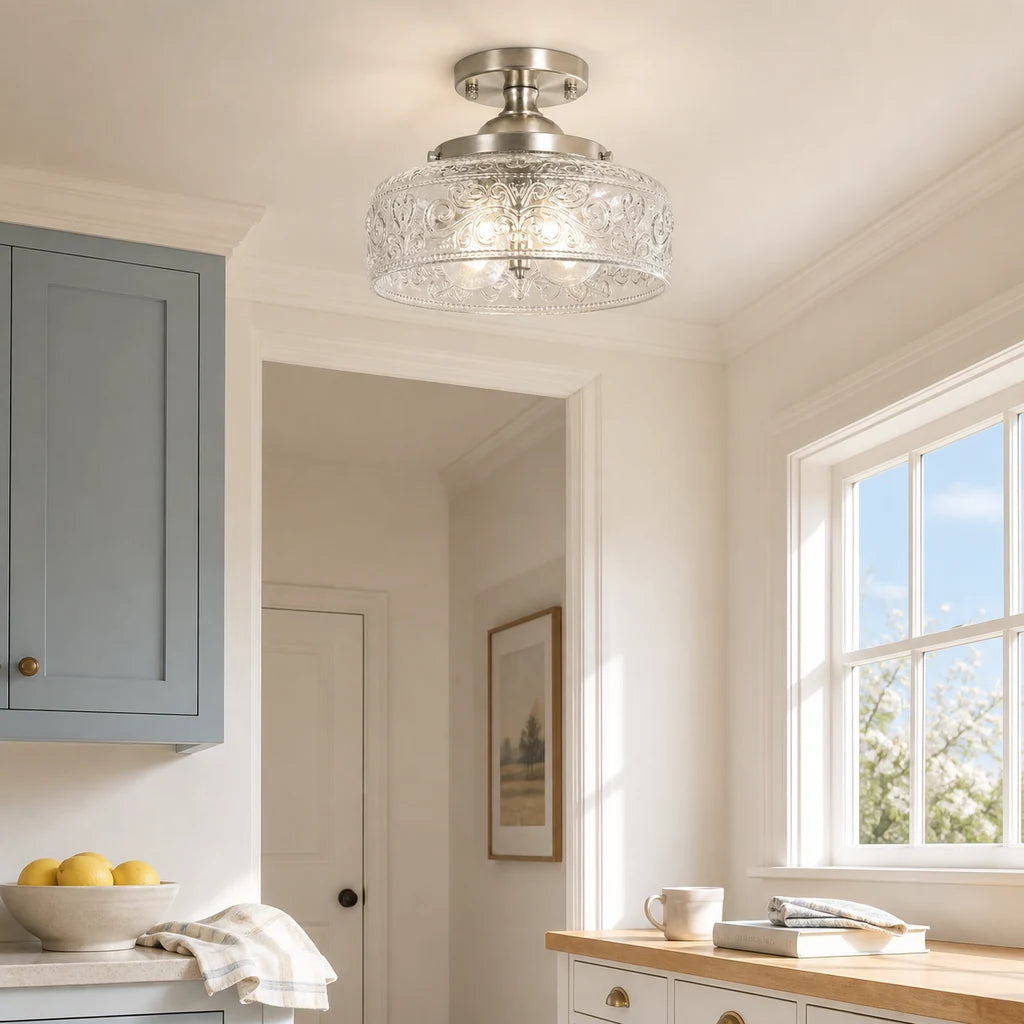 Rosalie brushed nickel etched clear glass ceiling light in a bright kitchen passage