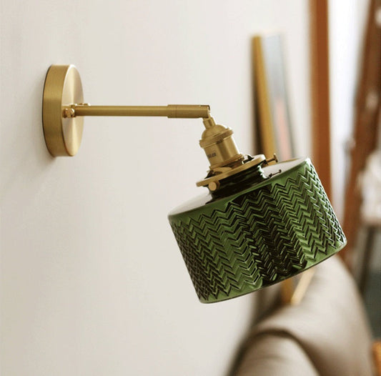 Green Art Deco Glass Wall Sconce with Brushed Brass